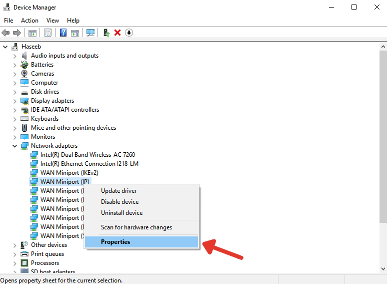 Select properties in Device Manager